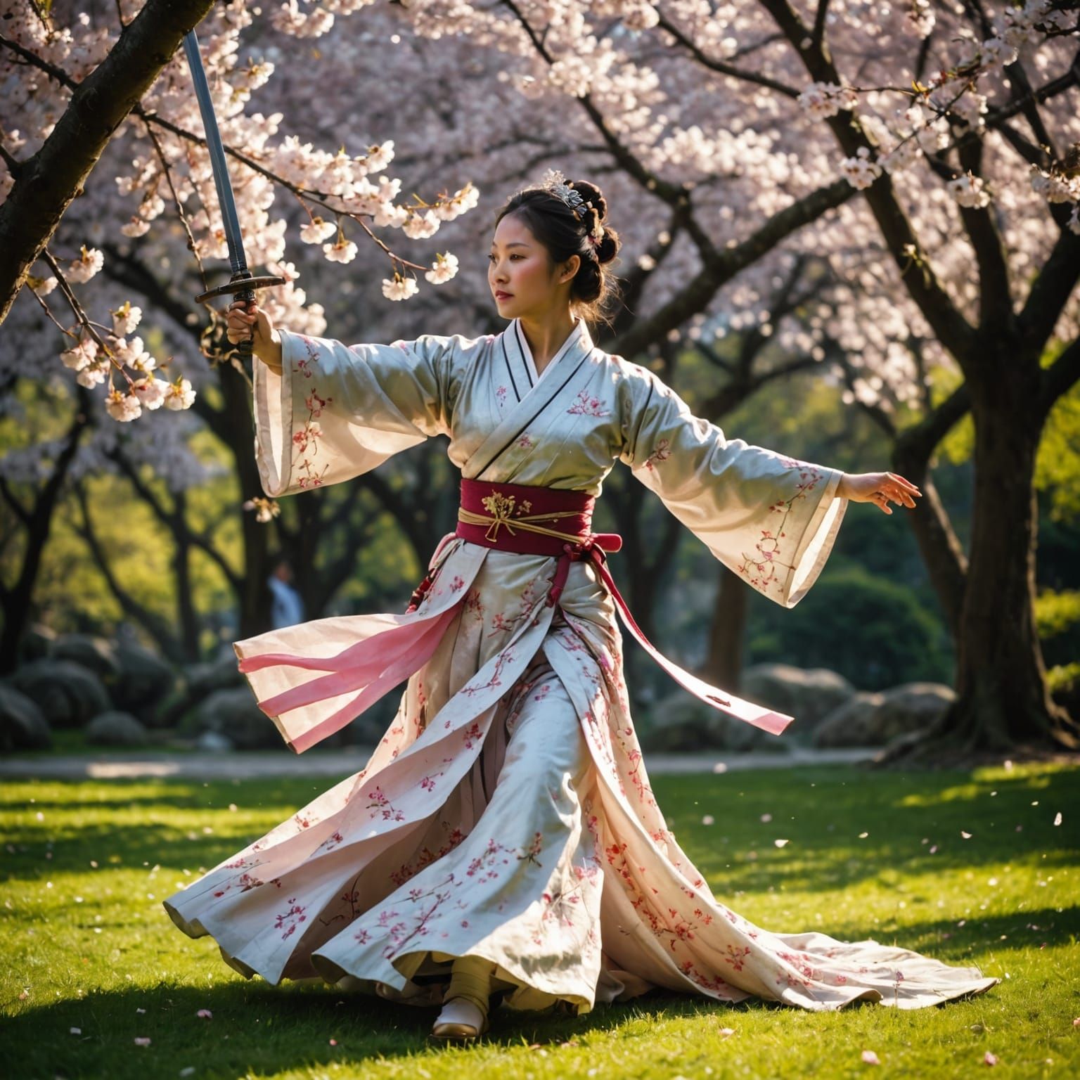 Sword Dancer in Cherry Blossom Garden: Anime Style