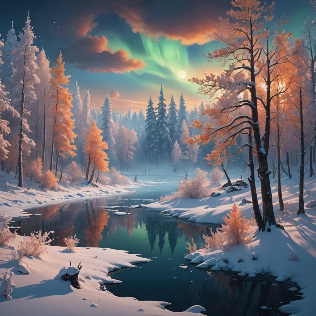 Serene Winter Forest Landscape with Aurora Borealis