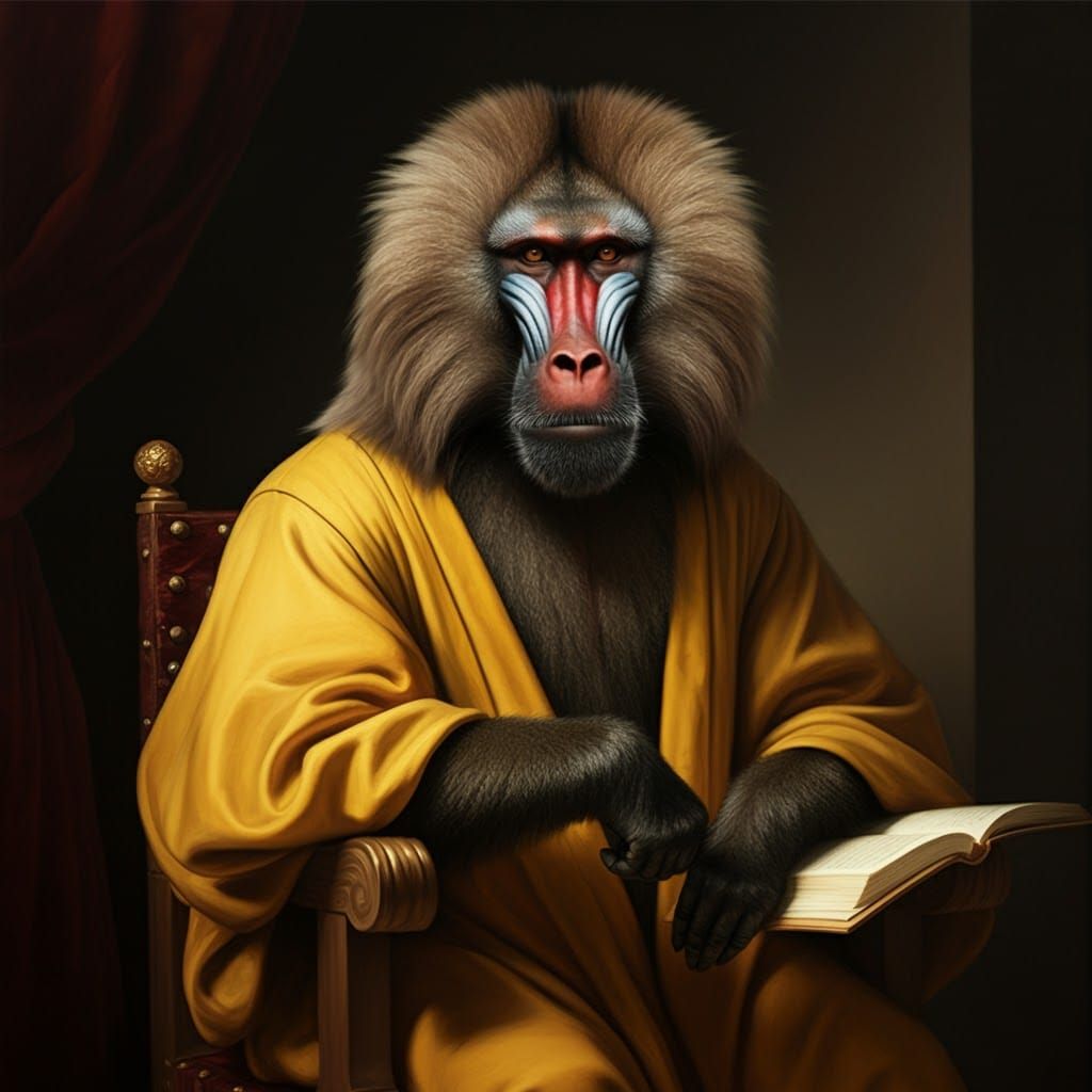 Baboon Scholar in Rembrandt Style Portrait