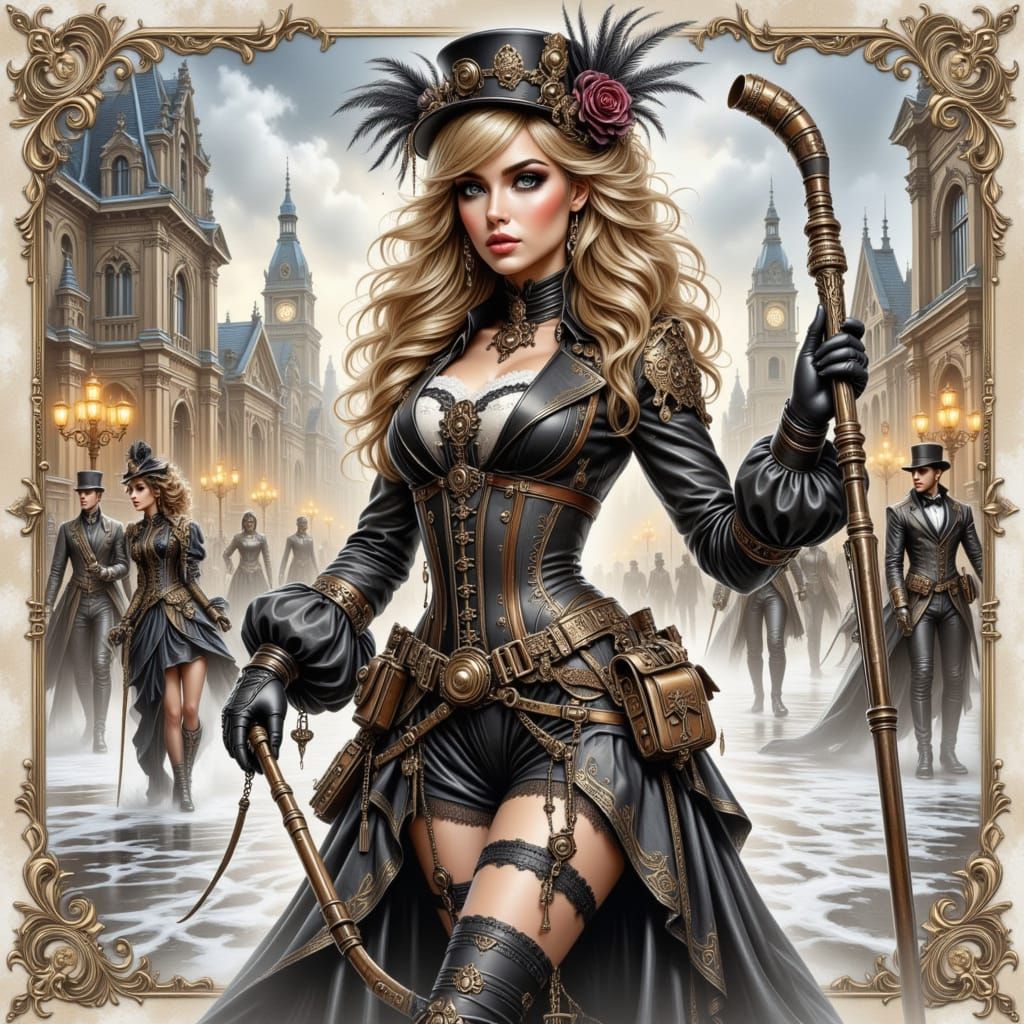 Steampunk Collage of Blonde Girl Playing Hockey