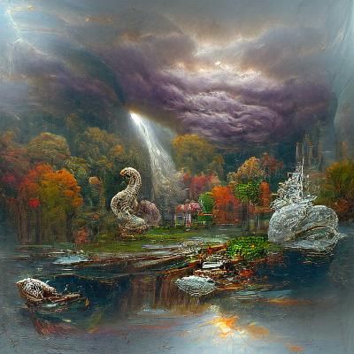 Autumn Countryside Waterfall with Swans and UFO