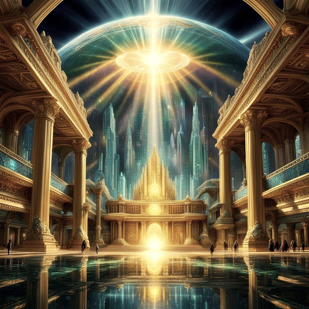 Futuristic Council Chamber in Holographic Golden Light