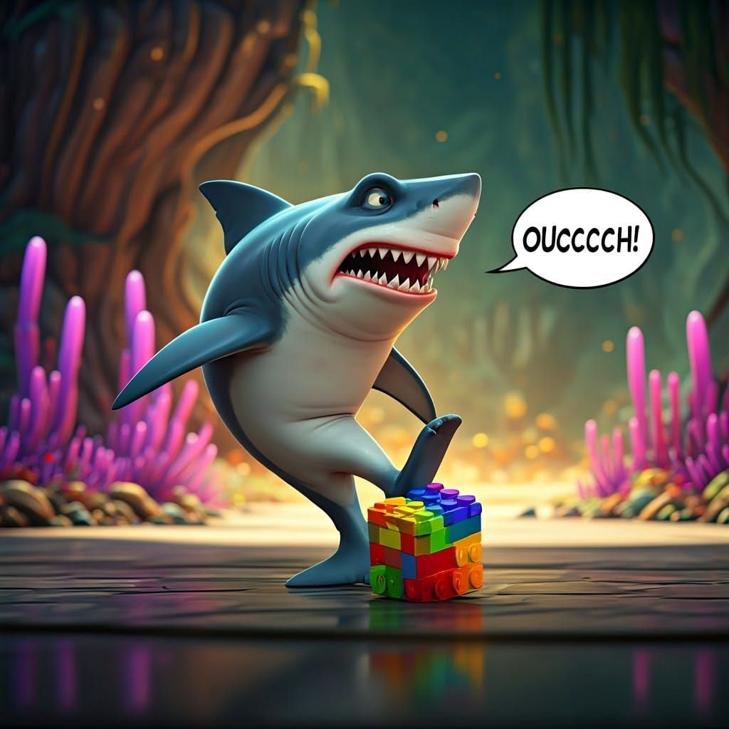 Shark Stepping on Lego Cube in Cartoon Comedy