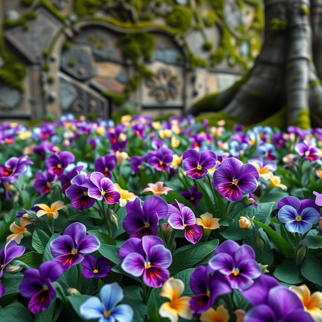 Vibrant Pansies in Enchanted Botanical Garden