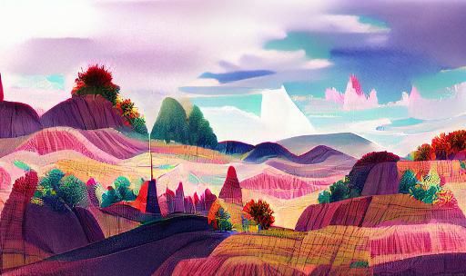 Vibrant Cartoon Landscape Vista in Gouache