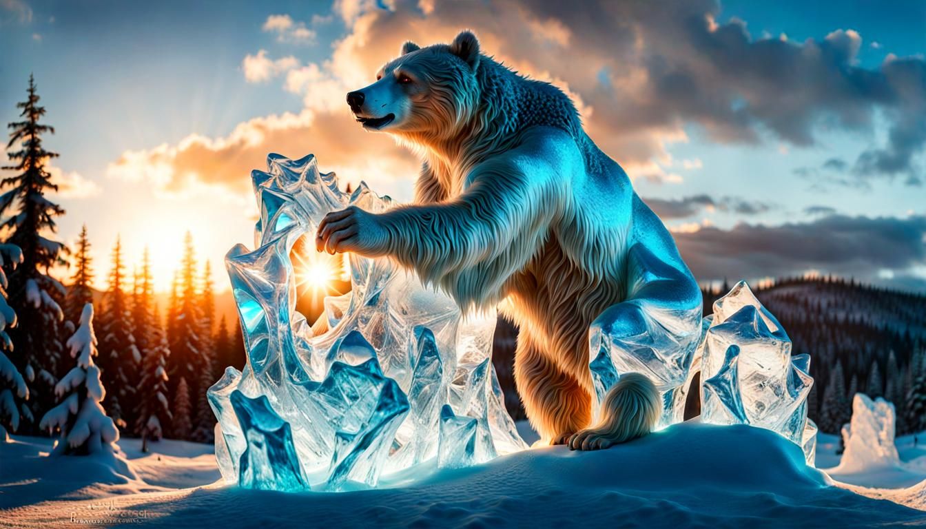 Sunlit Ice Bear Sculpture: Detailed 8k Photography
