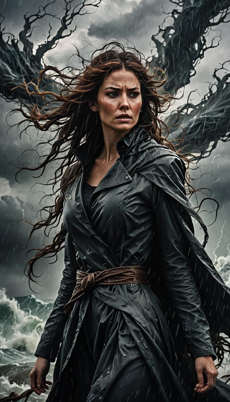Woman in Stormy Whirlwind: Detailed Matte Painting