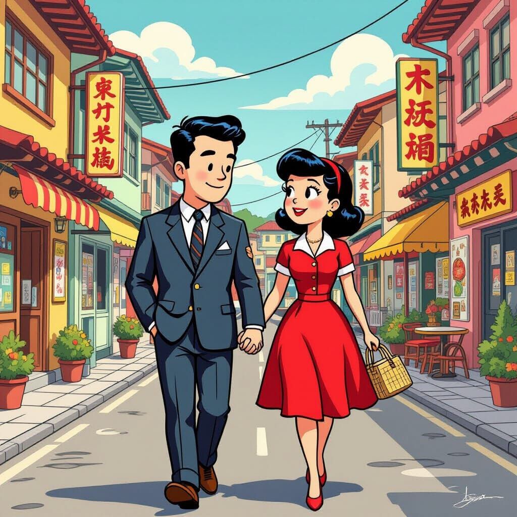 Couple in 1950s Taiwan Streets, Simpson-Style Cartoon