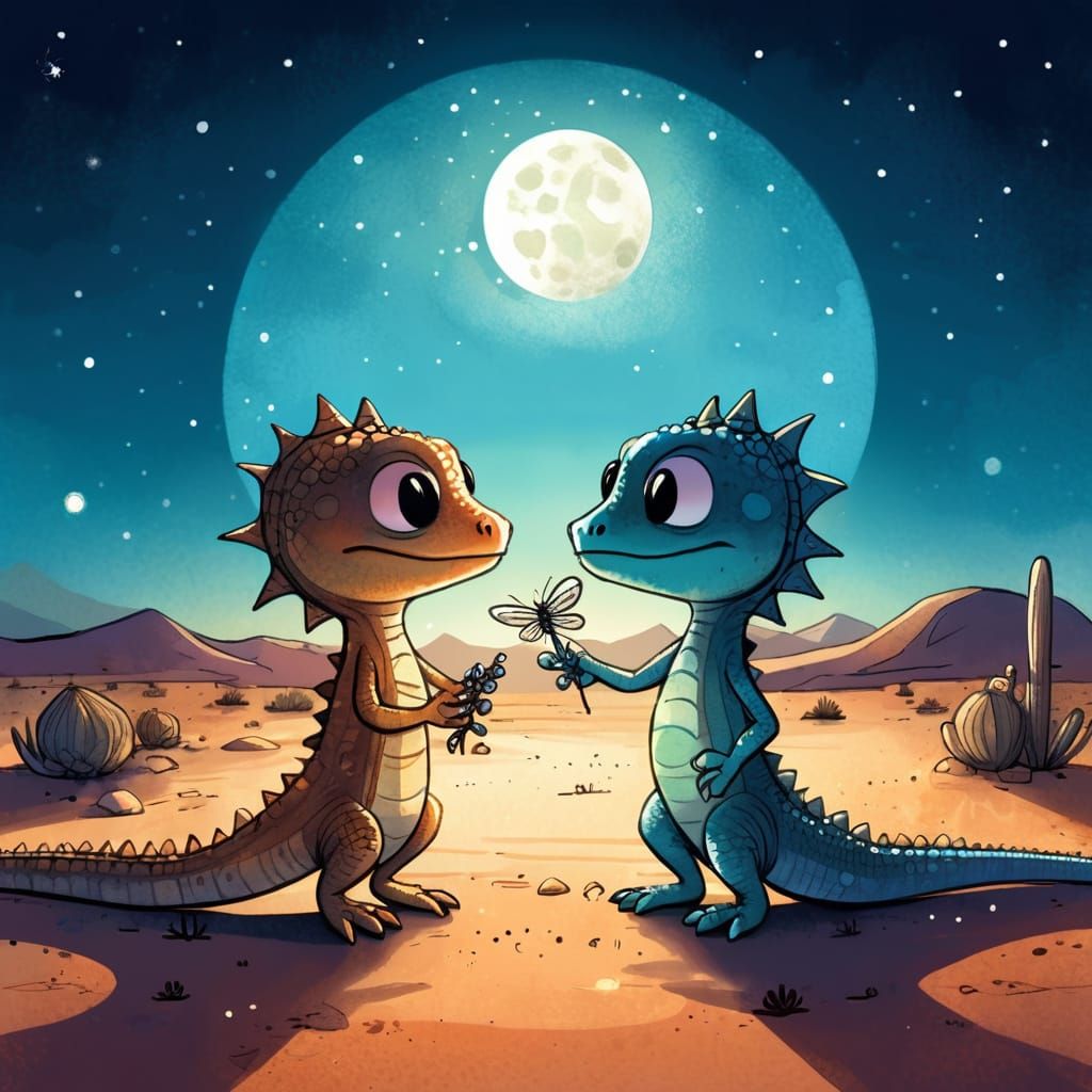 Whimsical Lizard Offers Dragonfly to Love in Moonlit Desert