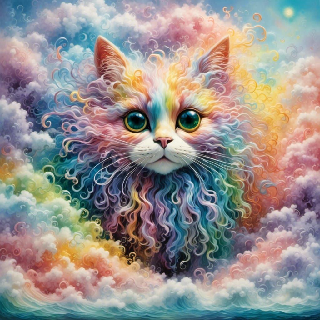 Rainbow Pastel Cat in Dreamy Impressionist Scene