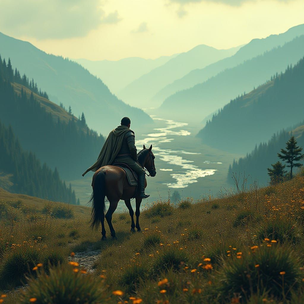 Ethereal Rider in Dreamlike Fantasy Landscape