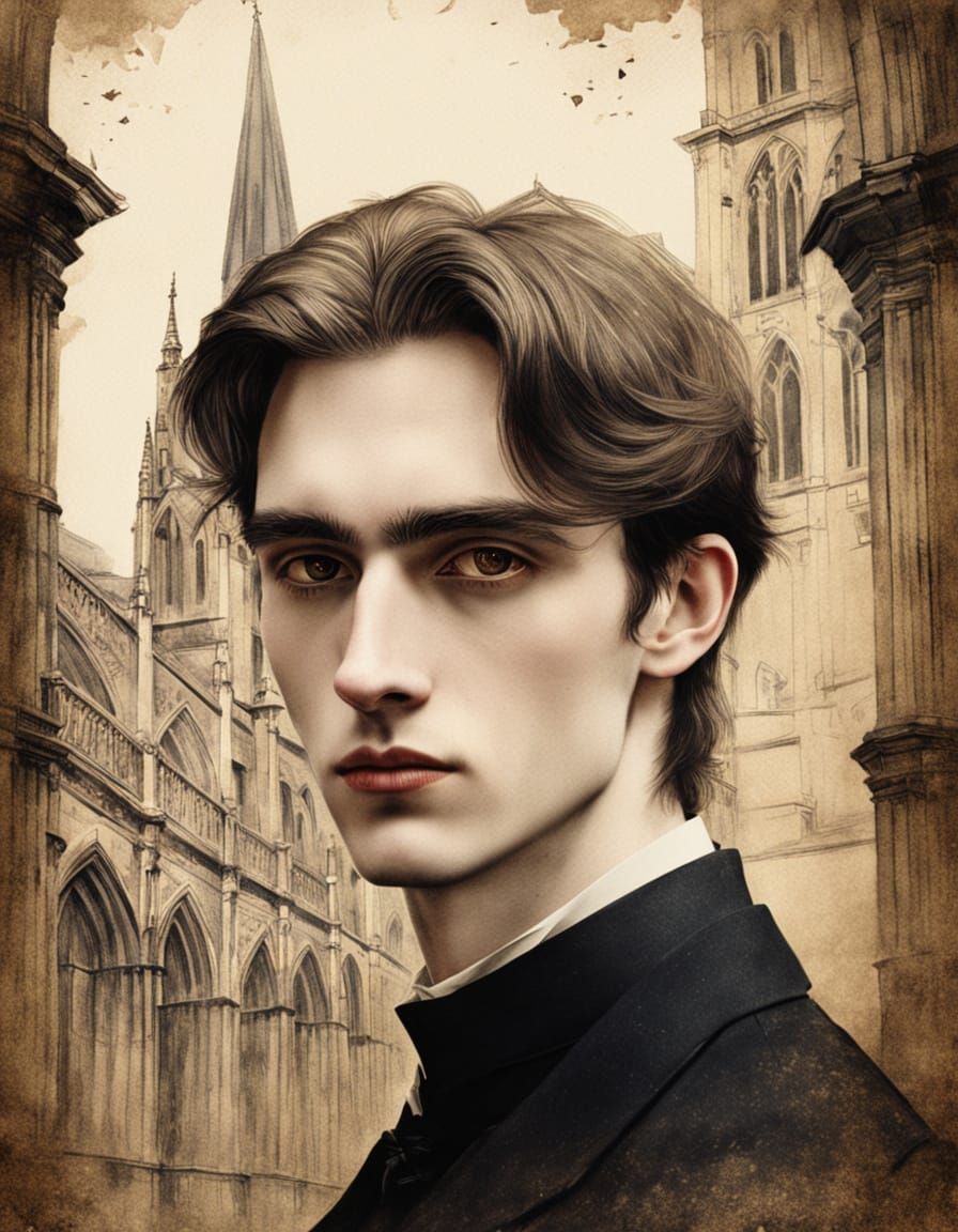 Refined Young Man in Dark Academia Watercolour Portrait