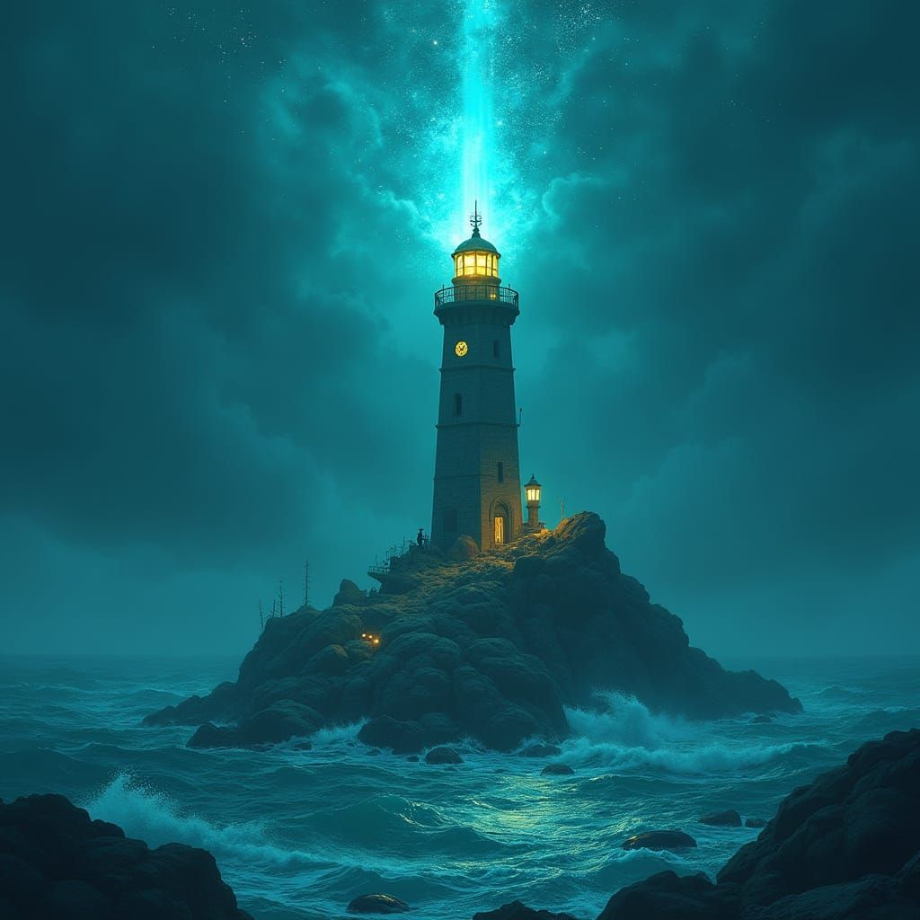 Starlight Lighthouse on Bioluminescent Sea: Matte Painting