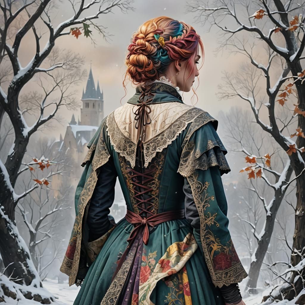 Medieval Woman with Colorful Hair and Inked Back