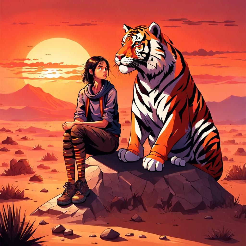Girl and Tiger at Desert Sunset