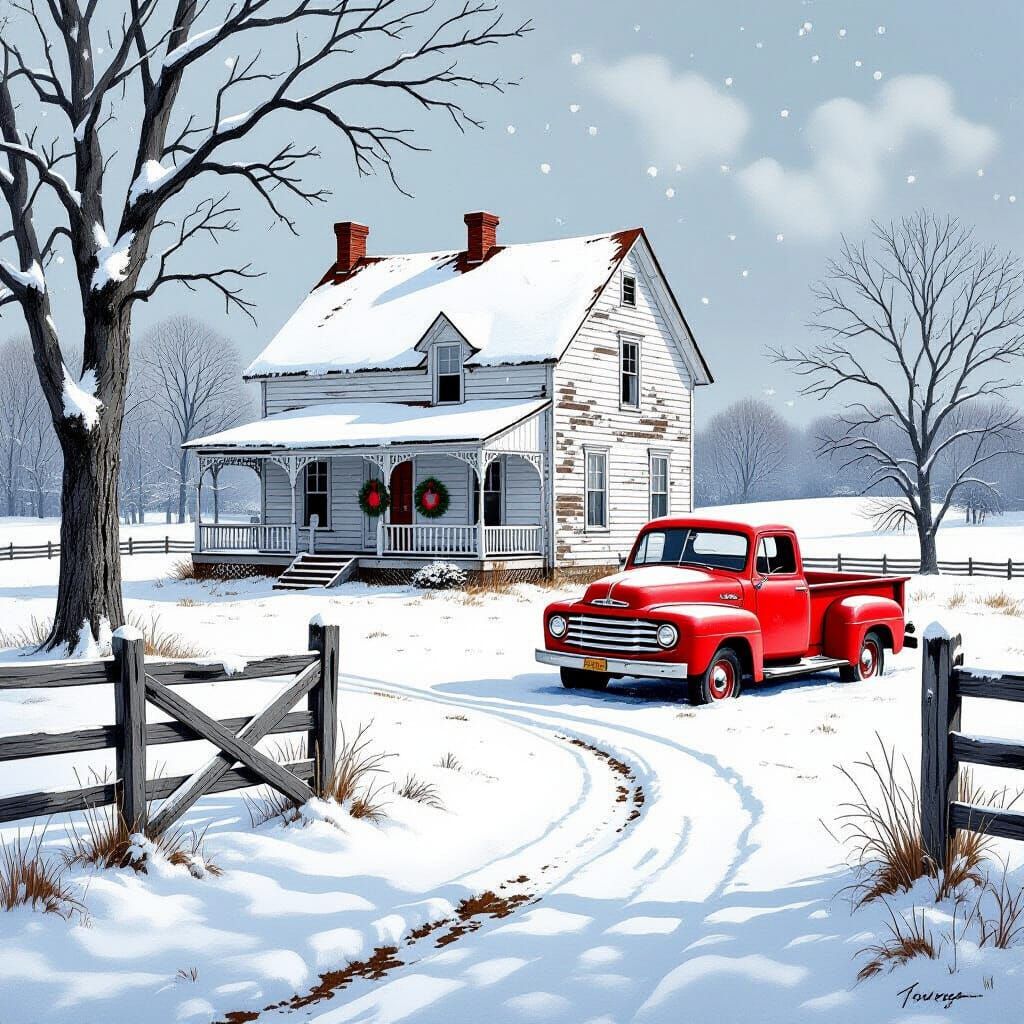 Snowy Farmhouse with Red Truck & Christmas Decor