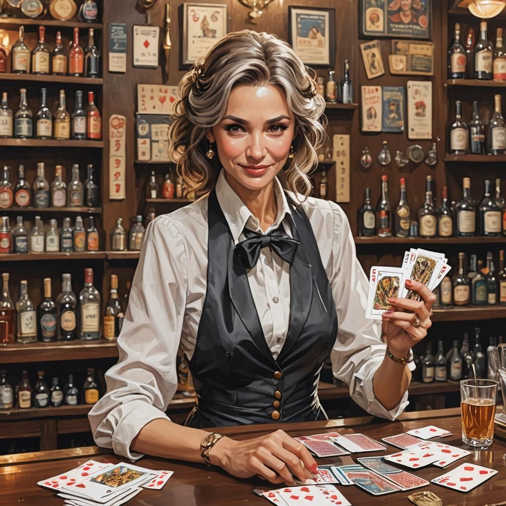 Ageless Goddess Deals Cards in Bartender Outfit