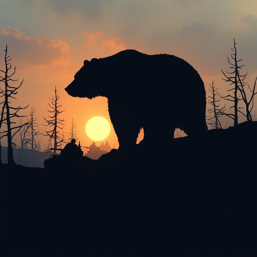 Bear Silhouette Over War Trenches in Winter