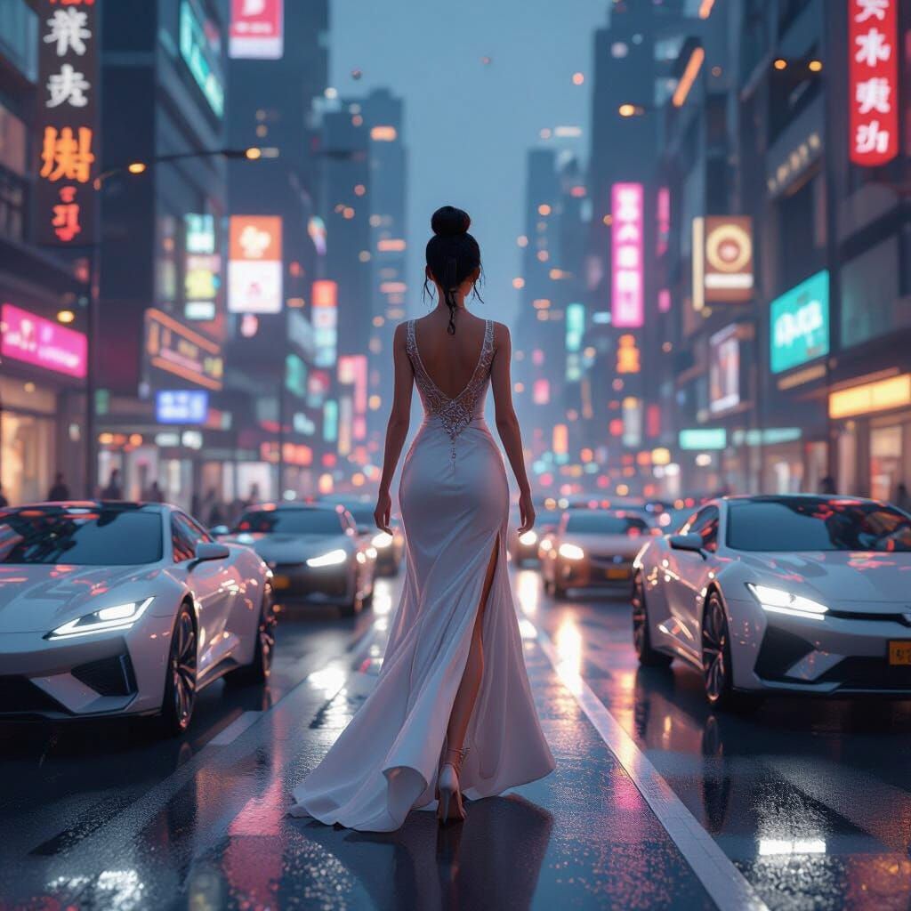 Woman in Futuristic Cityscape Amidst Neon Lights