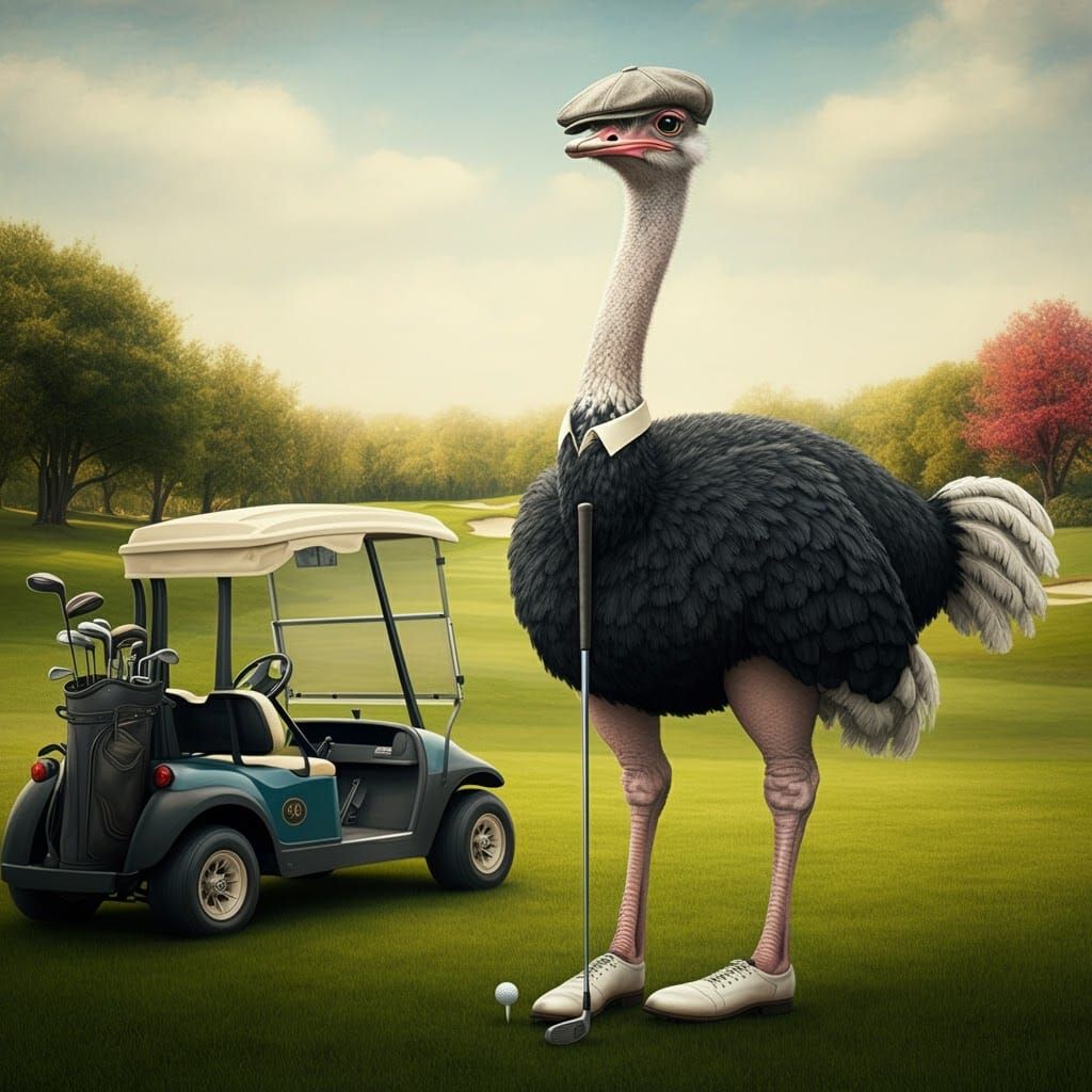 Ostrich Golfer in Whimsical Storybook Style