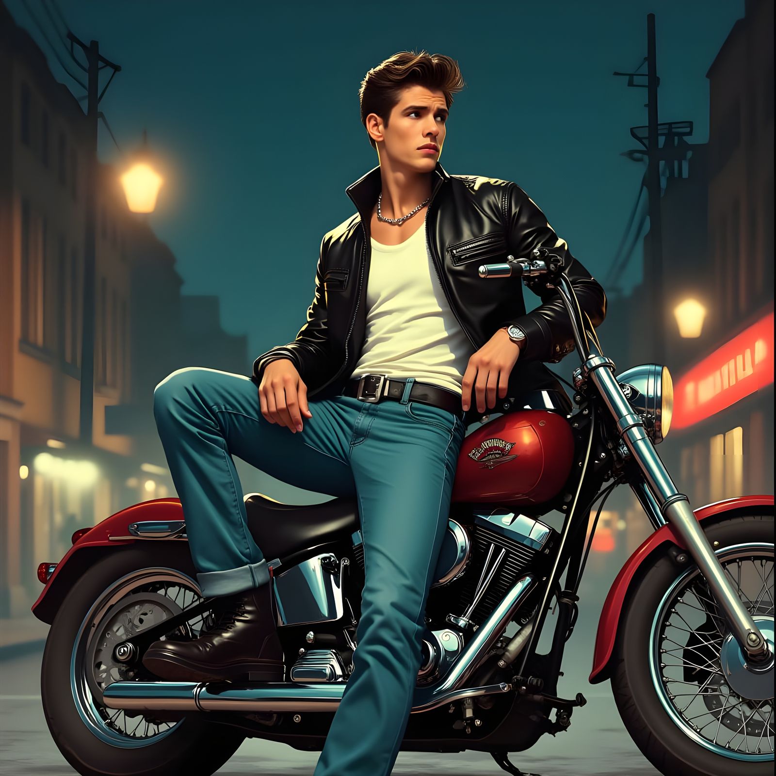Rebellious Greaser in 1950s Style with Motorcycle