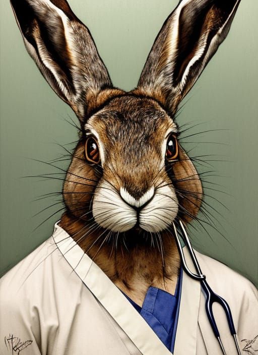 Wise Old Hare Surgeon Portrait in Chiaroscuro Style