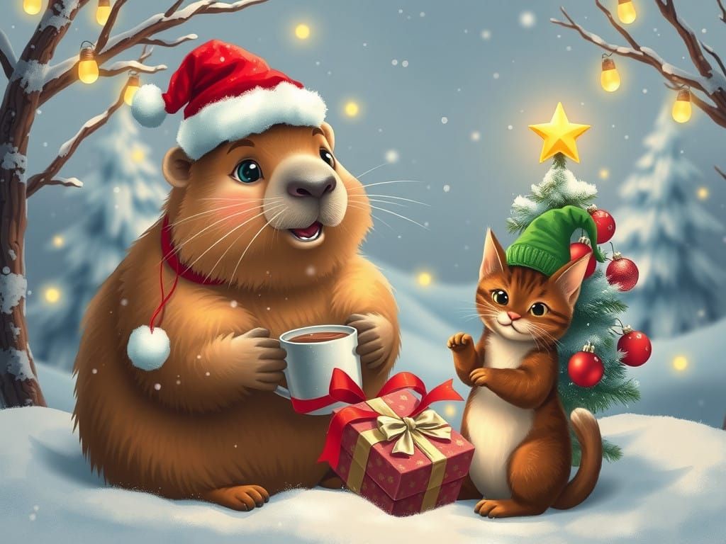 Capybara Friends Enjoy Winter Wonderland Christmas Scene in...