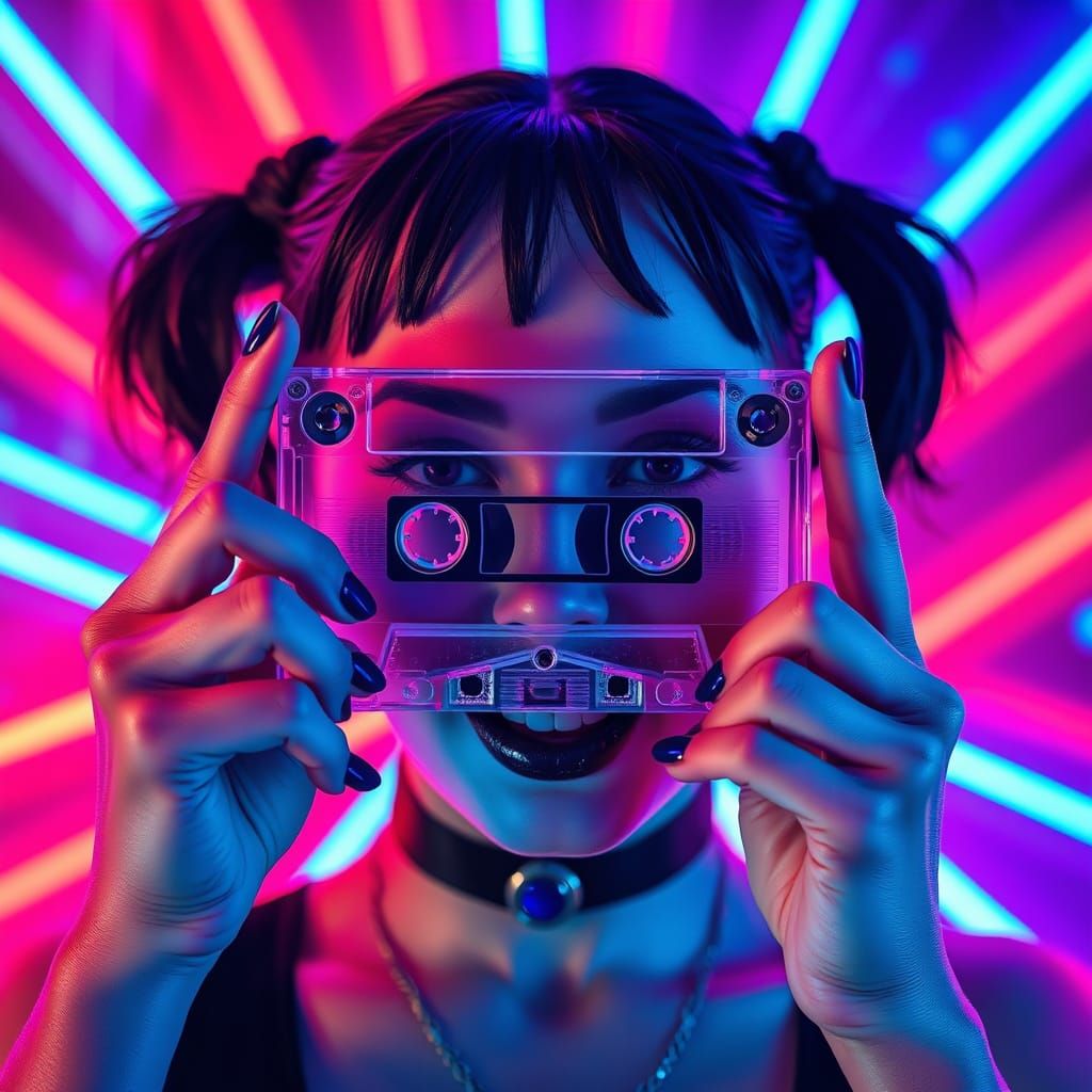 Woman with Cassette Tape in Neon Lighting