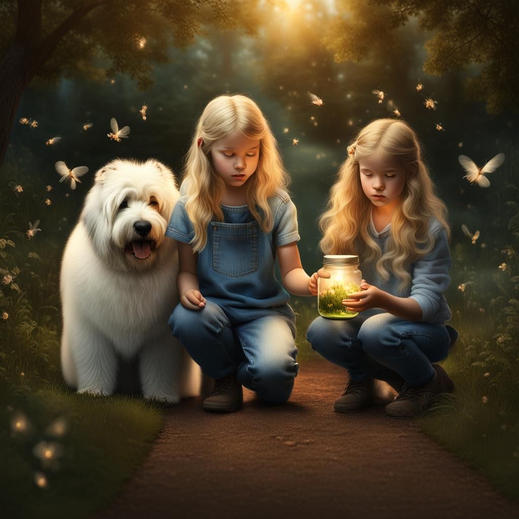 Girls Catching Fireflies with Sheepdogs, Old Master Style