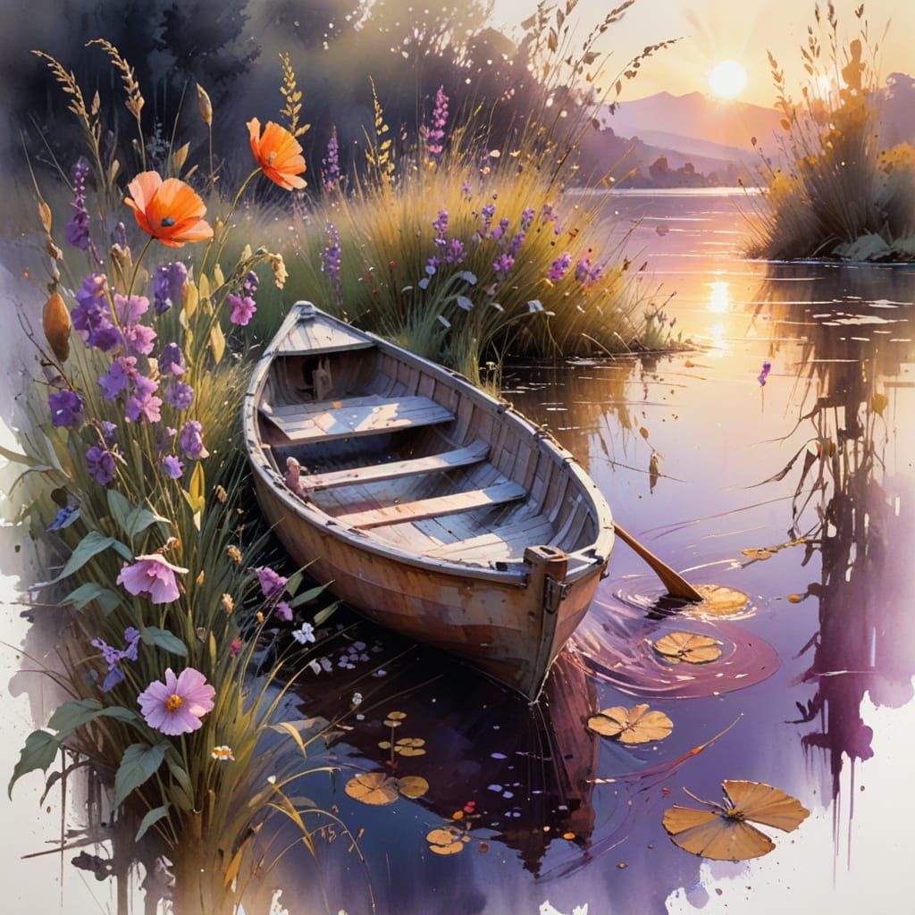 Serene River at Sunset with Rowboat and Wildflowers