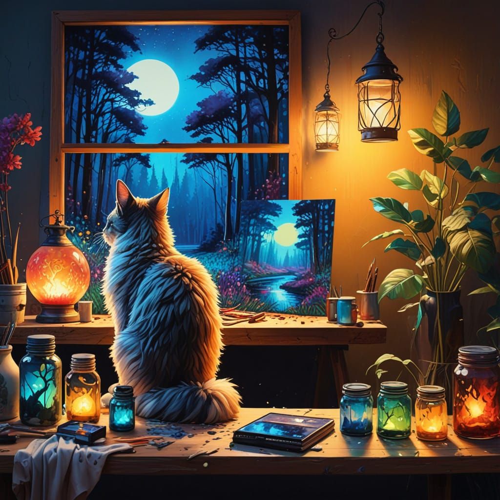 Whimsical Feline Artist Creates Magical Forest Painting