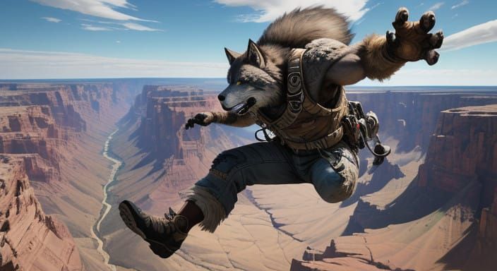Hyperrealistic Wolf Man in Mid-Air Skydiving over a Vast Can...