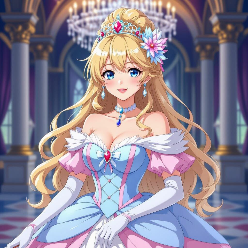 Anime Woman in Feathered Dress, Ballroom Scene