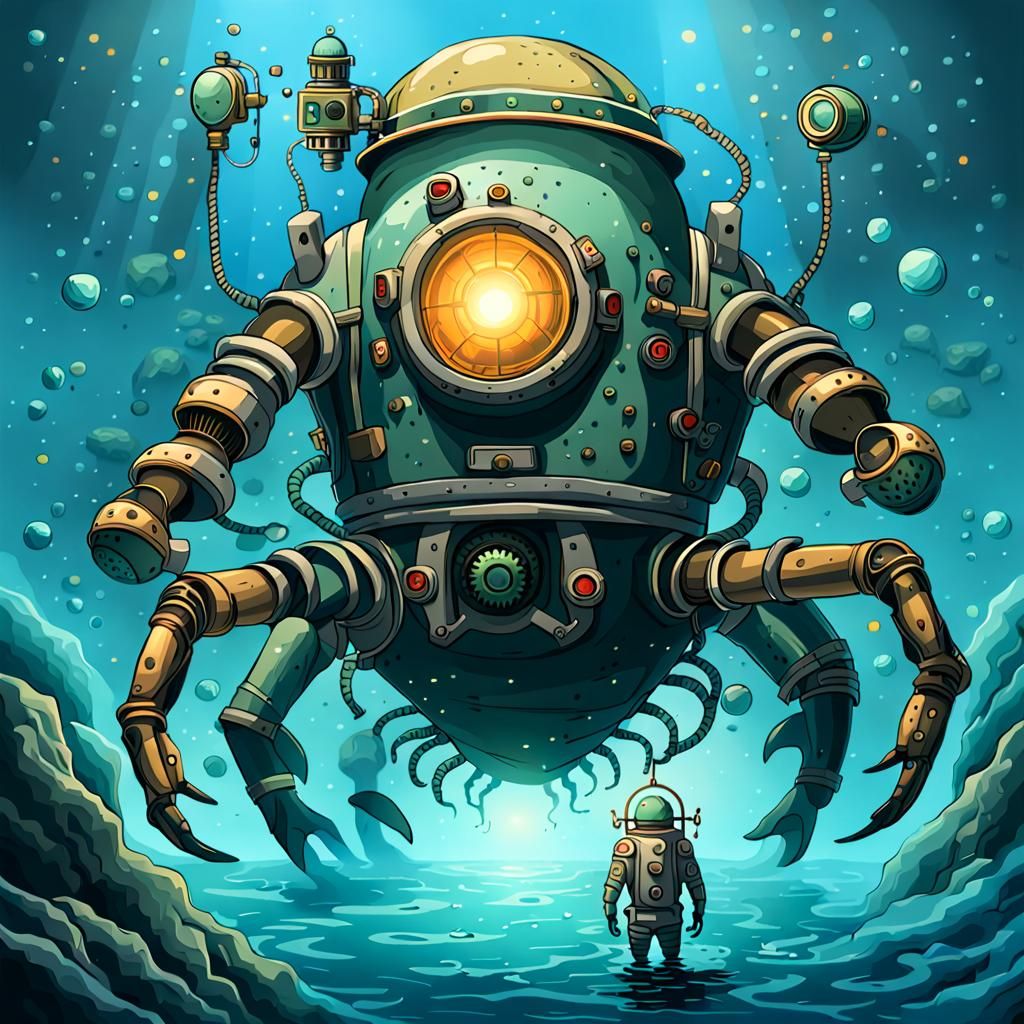 Vintage Diving Suit Encounter with Alien Sea Life