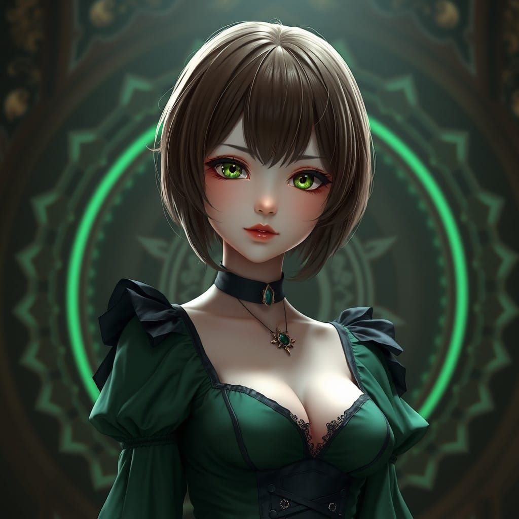 Gothic Anime Goddess in Elegant Green Dress
