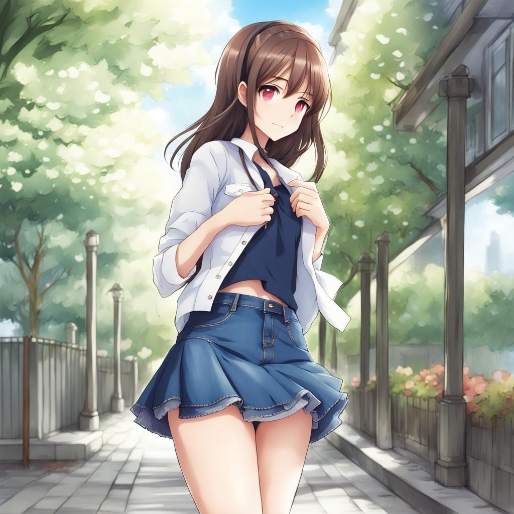 Anime Girl in Jean Skirt, Manga Style