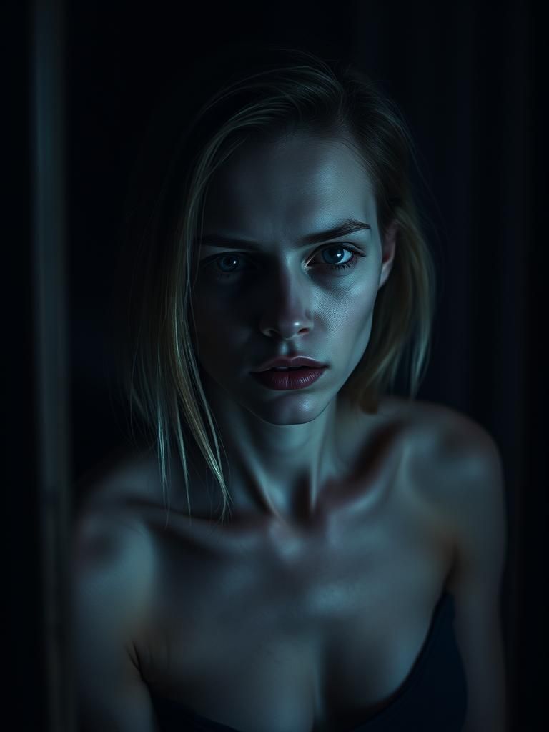 Unsettling Gaze: Pale Woman in Dark Window, Analog Photo