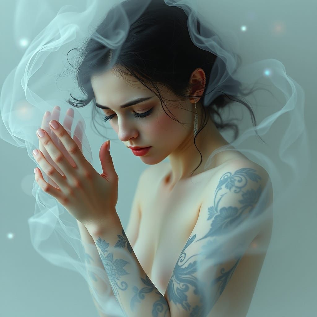 Ethereal Woman Reaches Out from Dreamlike Realm