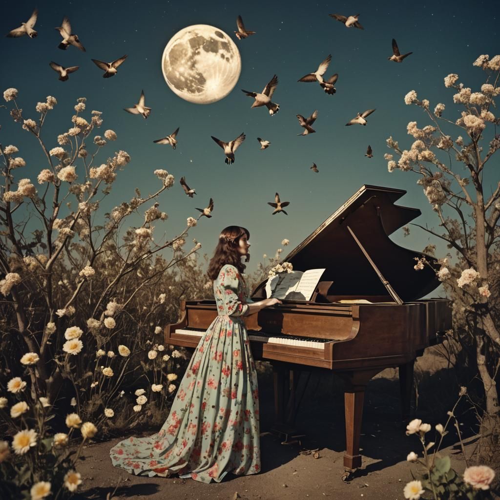 Woman on Moon With Piano in Polaroid Style