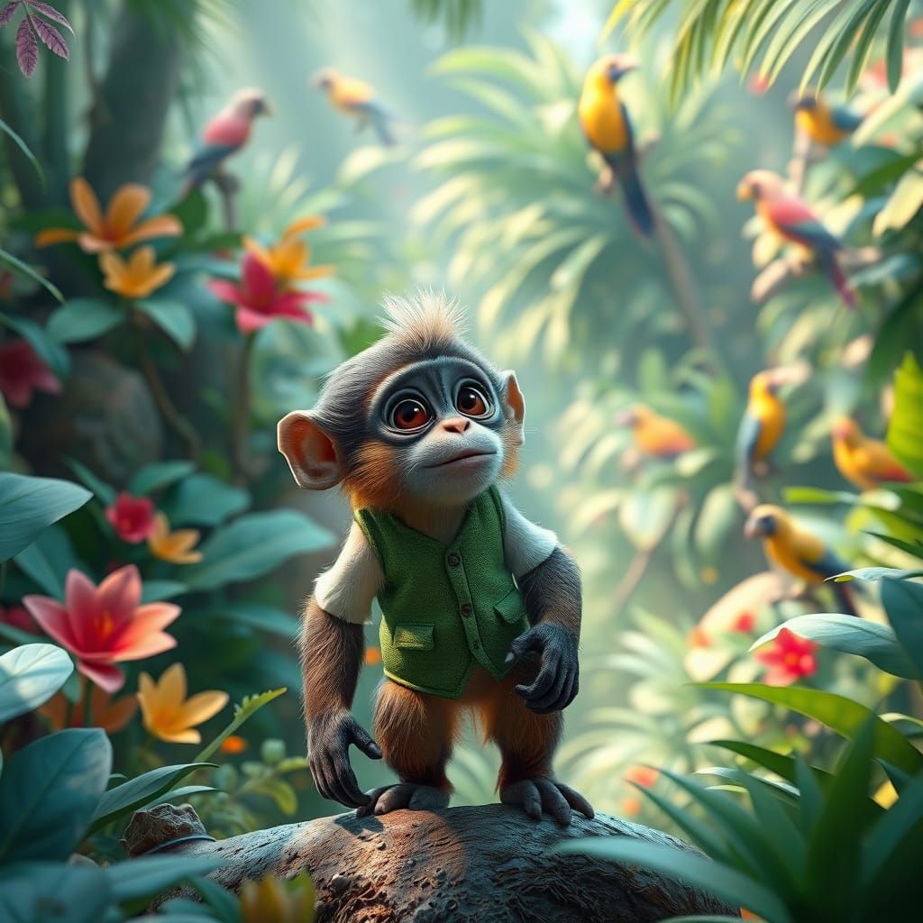 Capuchin Monkey in Jungle, Pixar-Style 3D Art