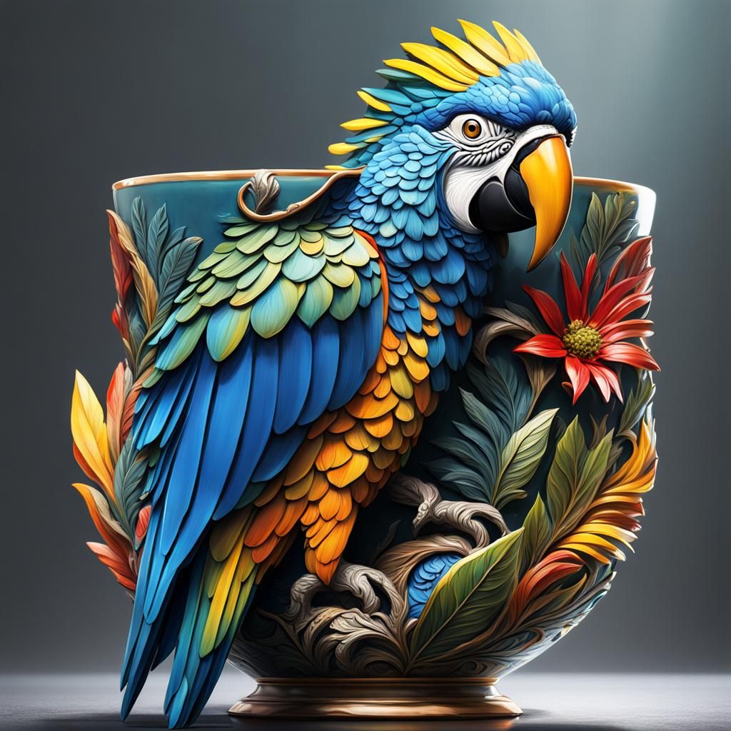 Macaw Cup: Hyperrealistic Oil Painting in Dark Fantasy Style