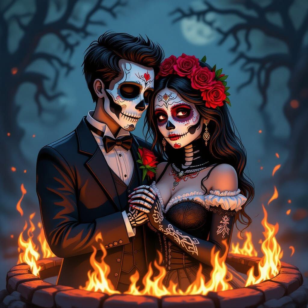Gothic Day of the Dead Couple Embracing in Ring of Fire