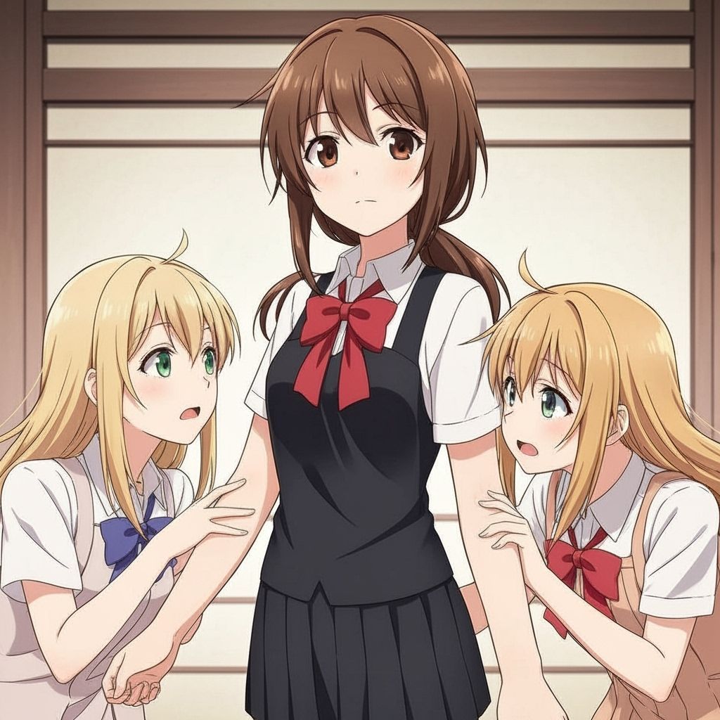 Anime Girls Tug Brown-Haired Girl, Studio Trigger Style