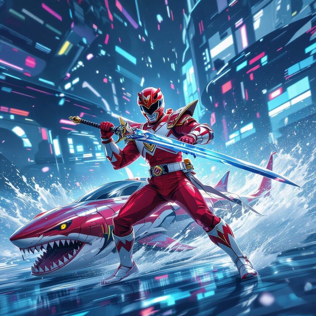 Red Ranger in Futuristic Armor with Shark Head Sword