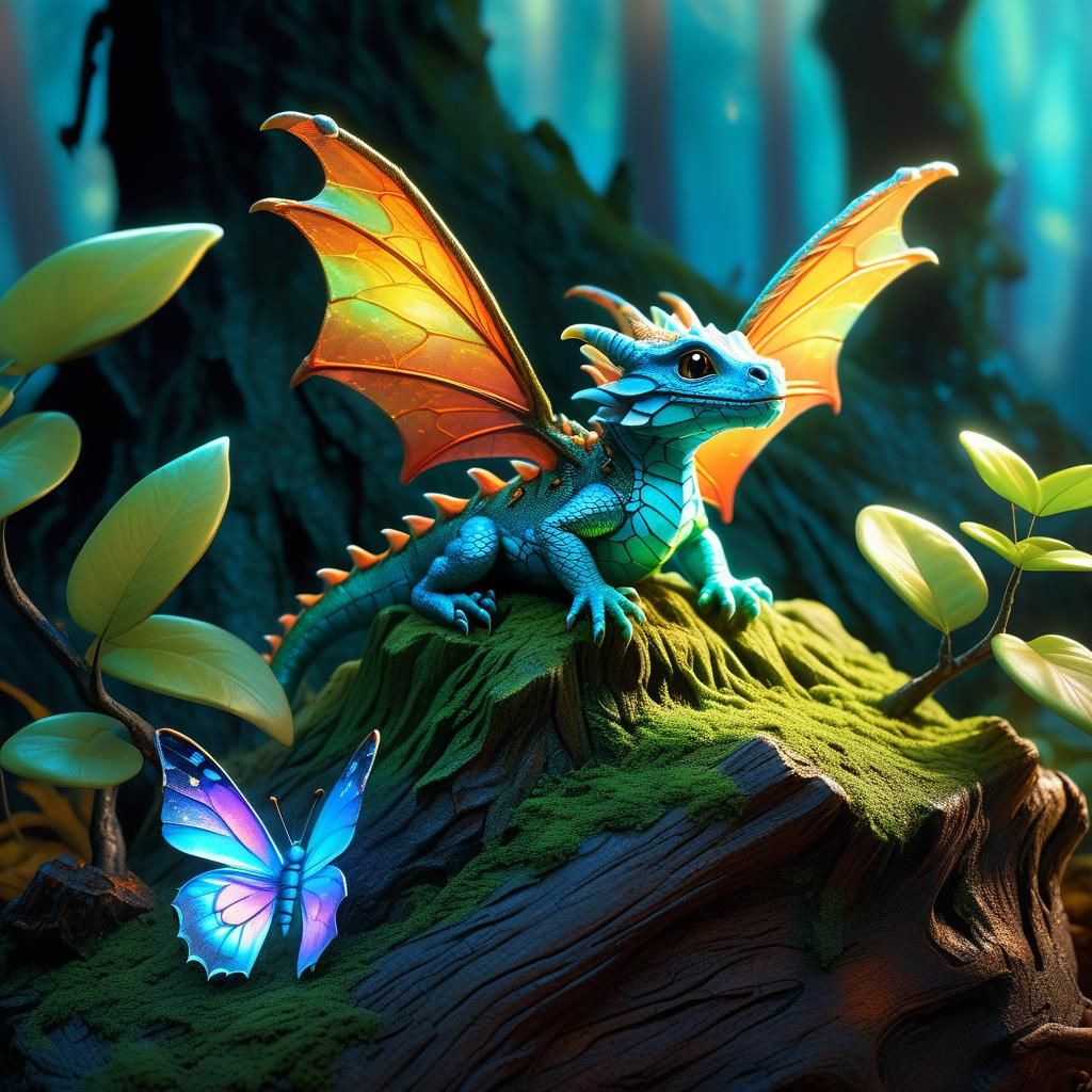 Cute Silk Dragon and Butterfly: Fantasy Art