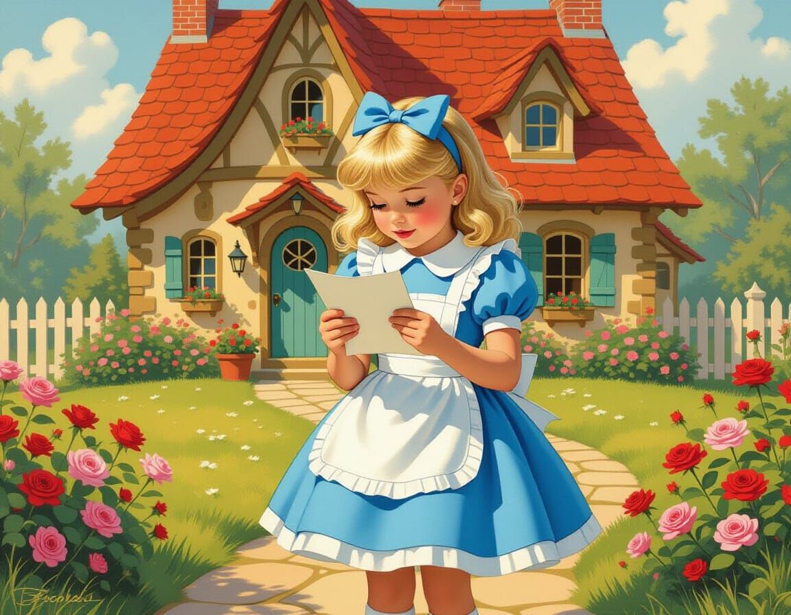 Alice Reading a Letter by a Cottage in Whimsical Style