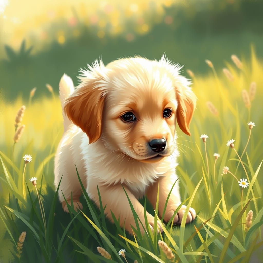 Golden Retriever Puppy Plays in Sunlit Meadow