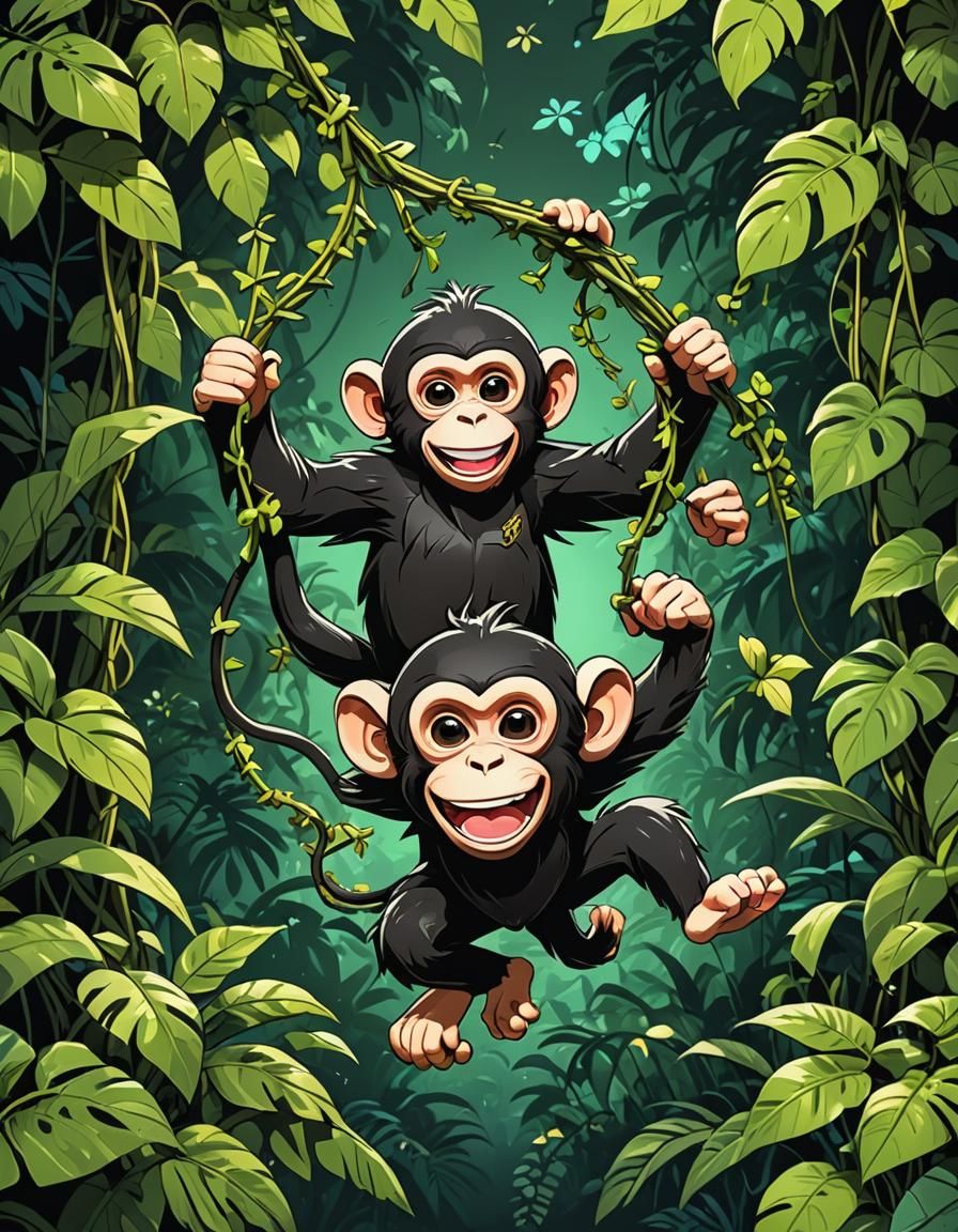 Cheerful Monkey Swings Through Jungle: Cartoon Vector Art