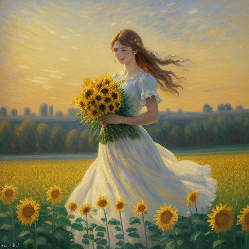 Woman Among Sunflowers in Golden Hour