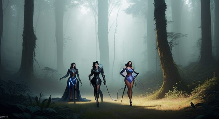 Warrior Goddesses in Mystical Forest: Pop Art Style